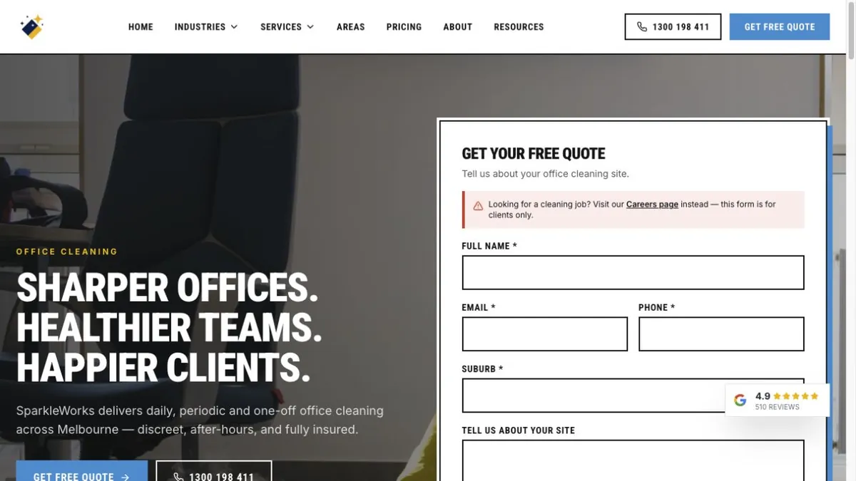 SparkleWorks office-cleaning service page and quote form