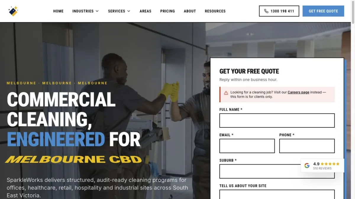 SparkleWorks Melbourne commercial introduction and site-brief form