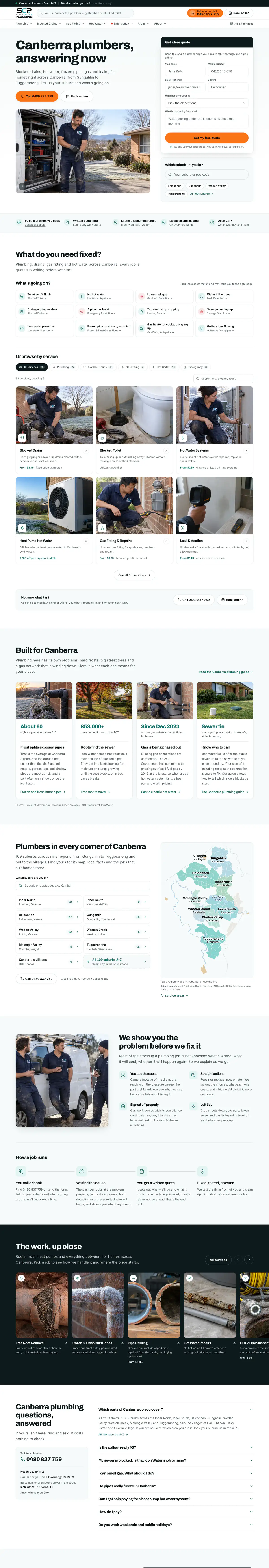 The State Choice Plumbing homepage from the header to the frequently asked questions