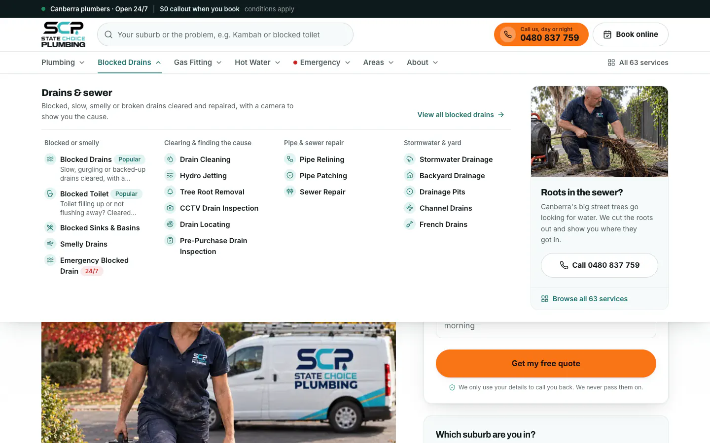 Blocked Drains mega-menu with drain and sewer services in four groups