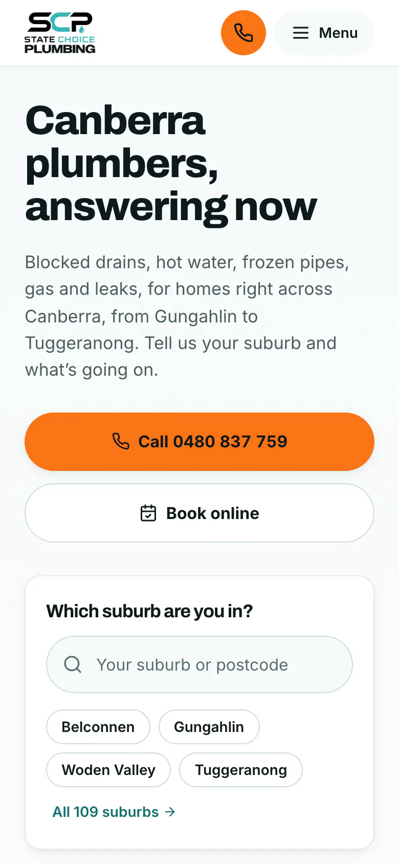 State Choice Plumbing homepage on a phone with a full-width call button and a suburb finder