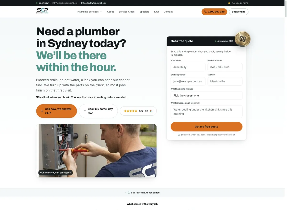 State Choice Plumbing Sydney introduction with quote form and working image