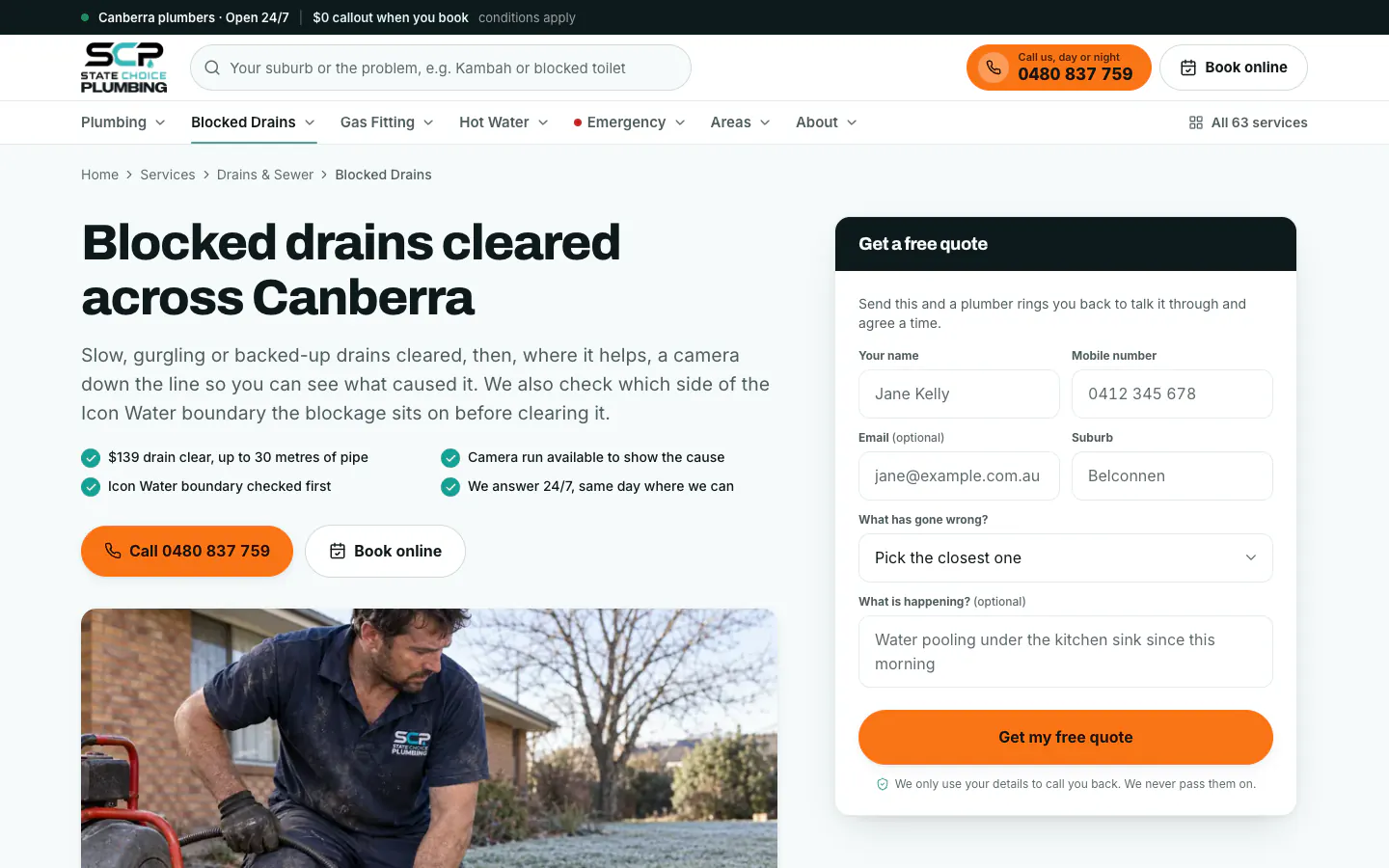 State Choice Plumbing blocked drains page for Canberra with call, booking and a quote form