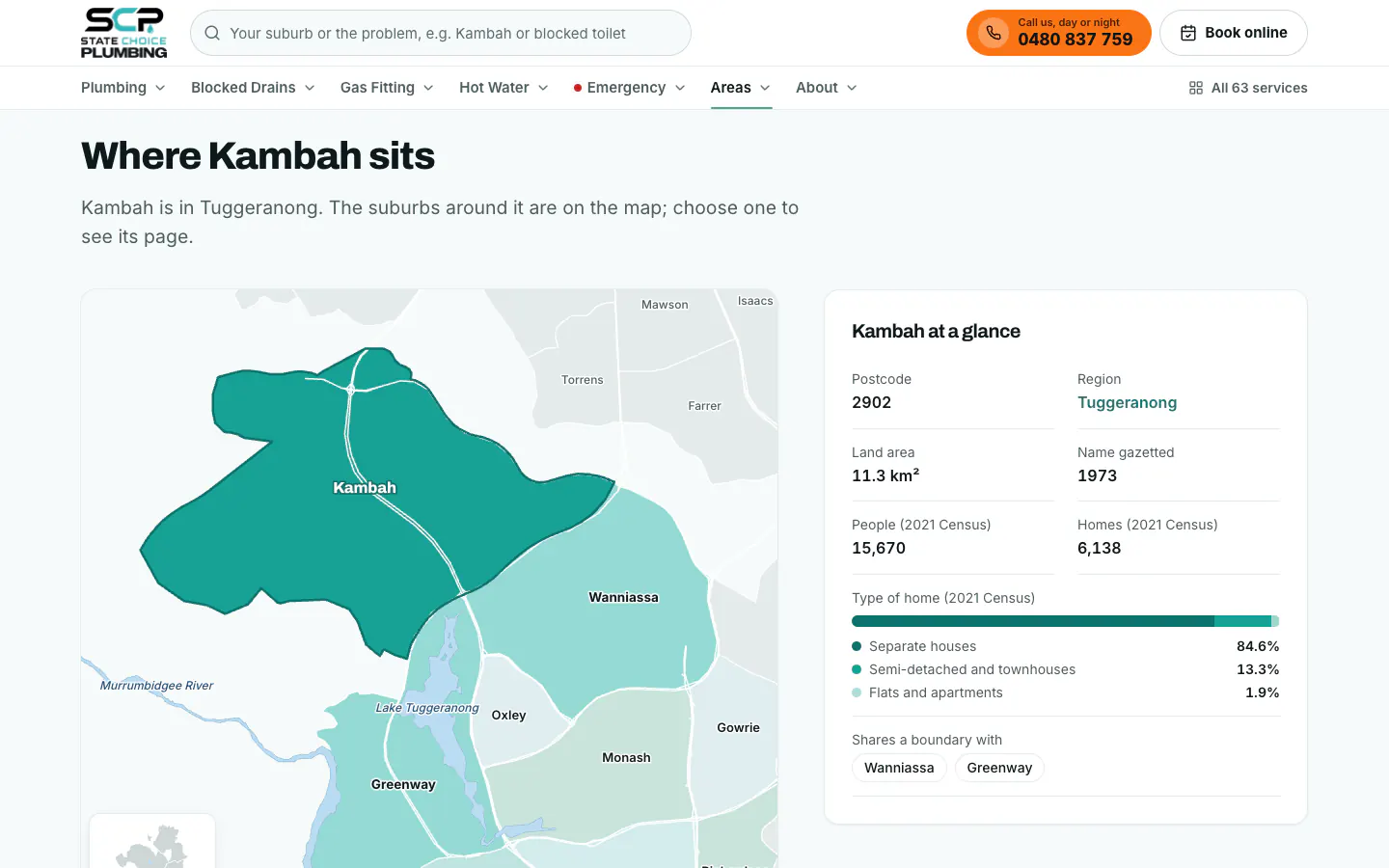 Map of Kambah and its neighbours beside a panel of local facts
