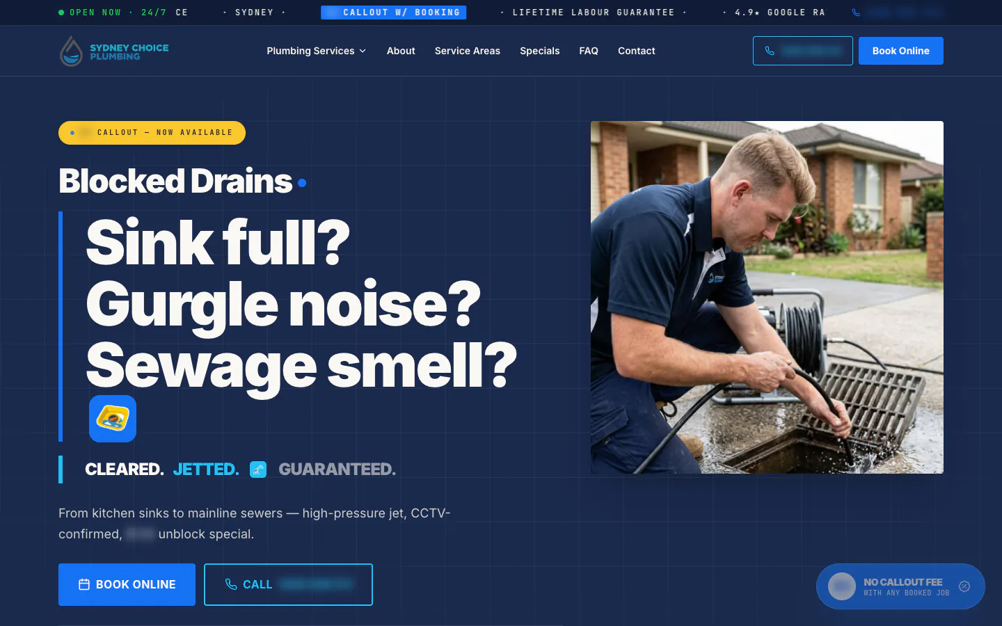 Sydney Choice Plumbing blocked drains page with its features numbered