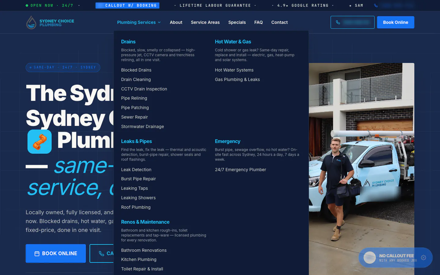 Sydney Choice Plumbing services menu open with five categories