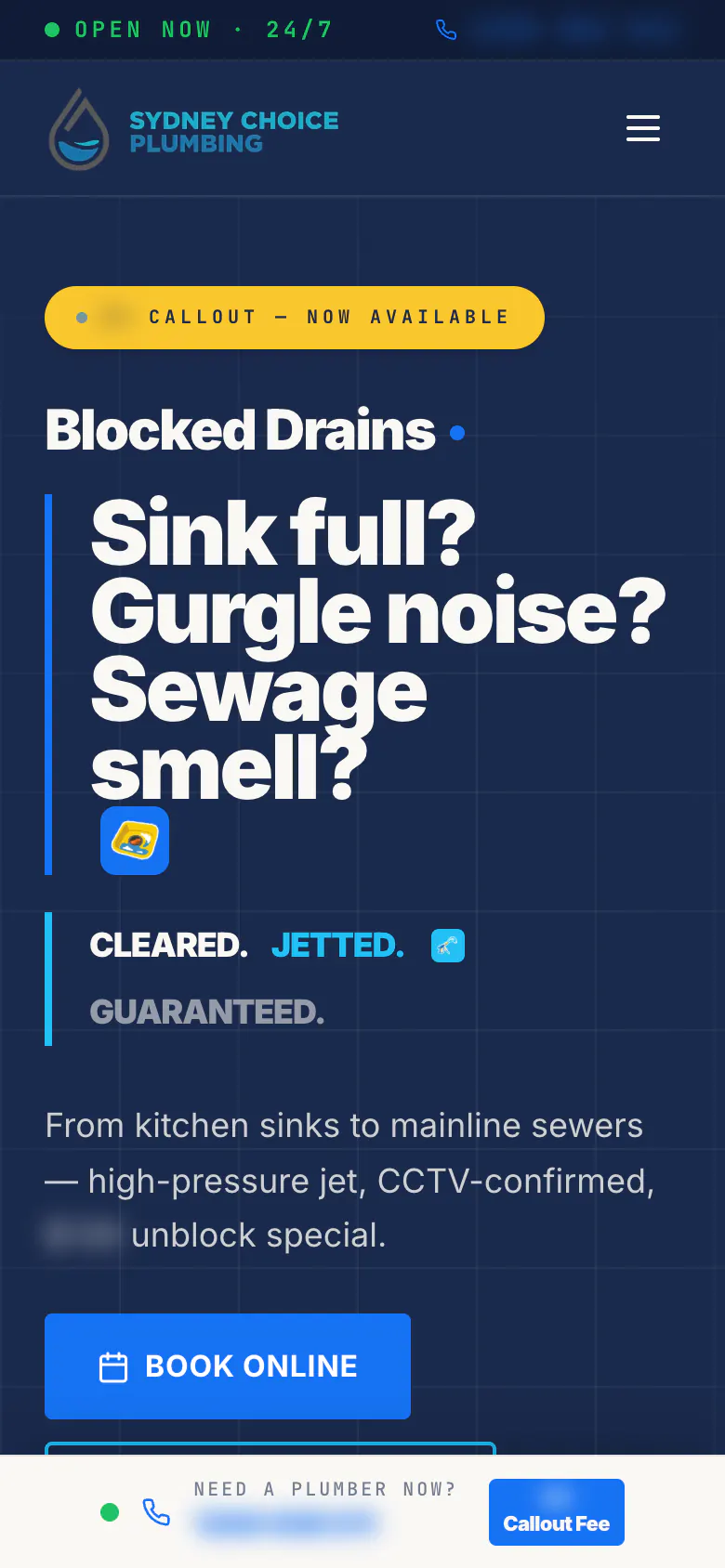 Sydney Choice Plumbing blocked drains page on a phone