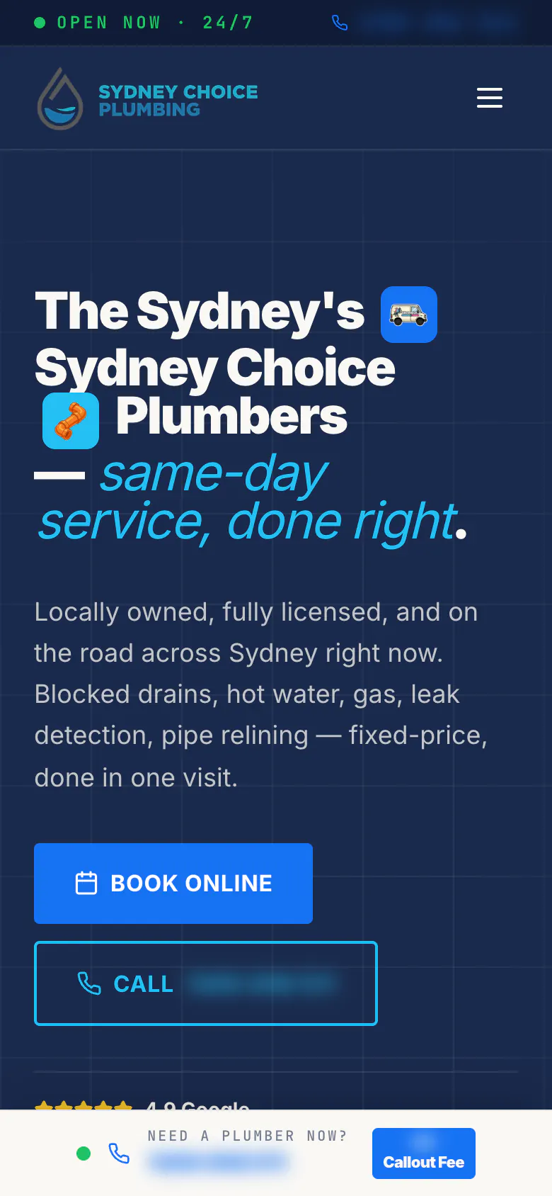 Sydney Choice Plumbing home page on a phone with the ticker, logo and menu