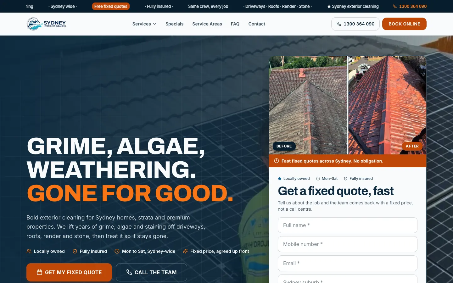 Sydney Hydro Jet Cleaning home page with the headline, a before-and-after roof photo and the quote form