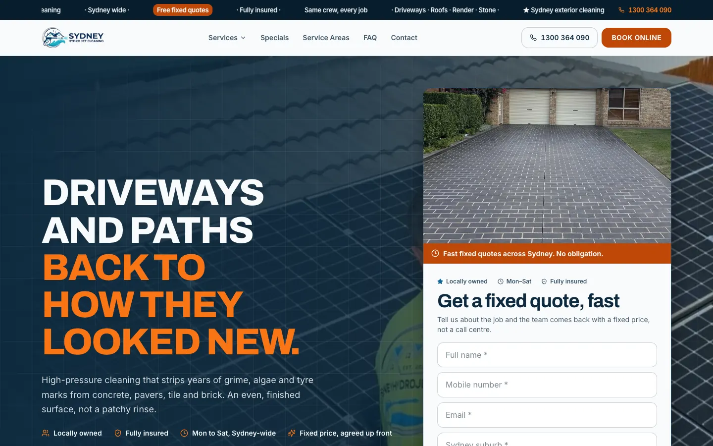 Sydney Hydro Jet Cleaning high pressure cleaning page with a driveway photo beside the quote form