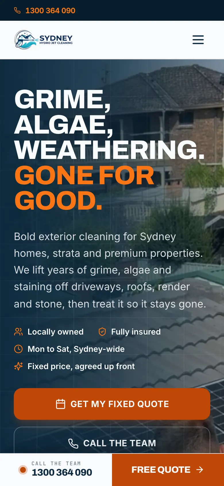 Sydney Hydro Jet Cleaning home page on a phone with the fixed Call the team and Free quote bar
