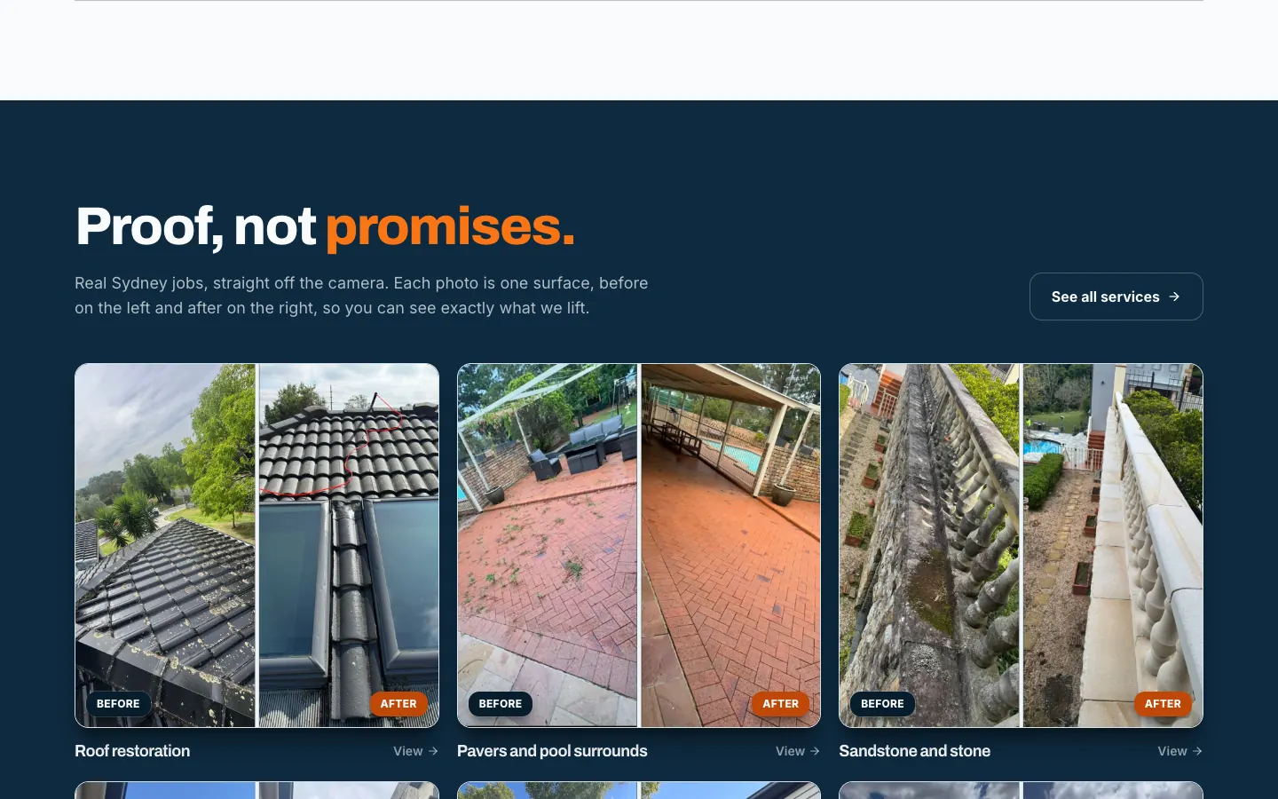 Before-and-after photos of a roof, pavers and a sandstone balustrade on the Sydney Hydro Jet Cleaning home page