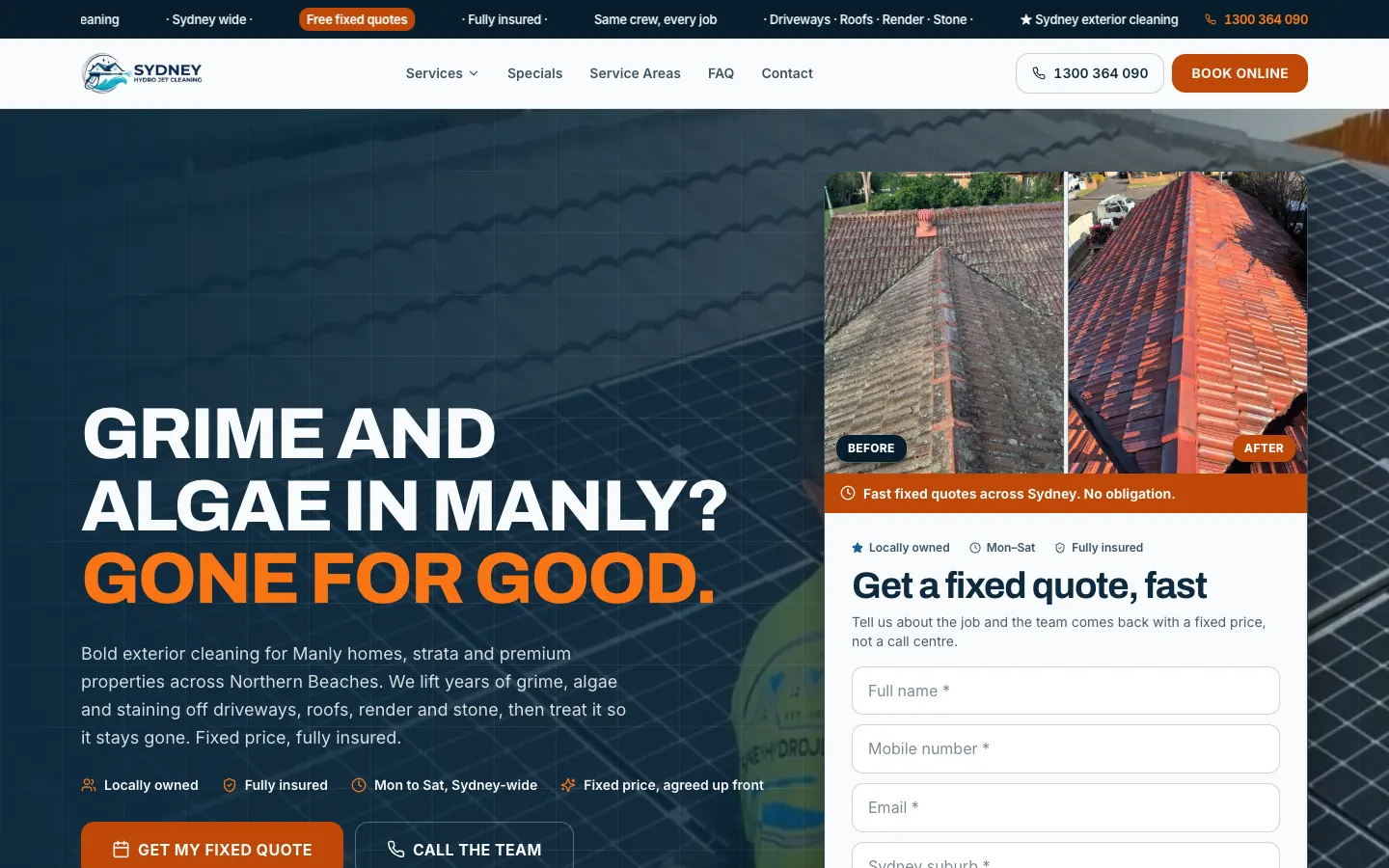 Sydney Hydro Jet Cleaning Manly suburb page with the suburb in the headline beside the quote form