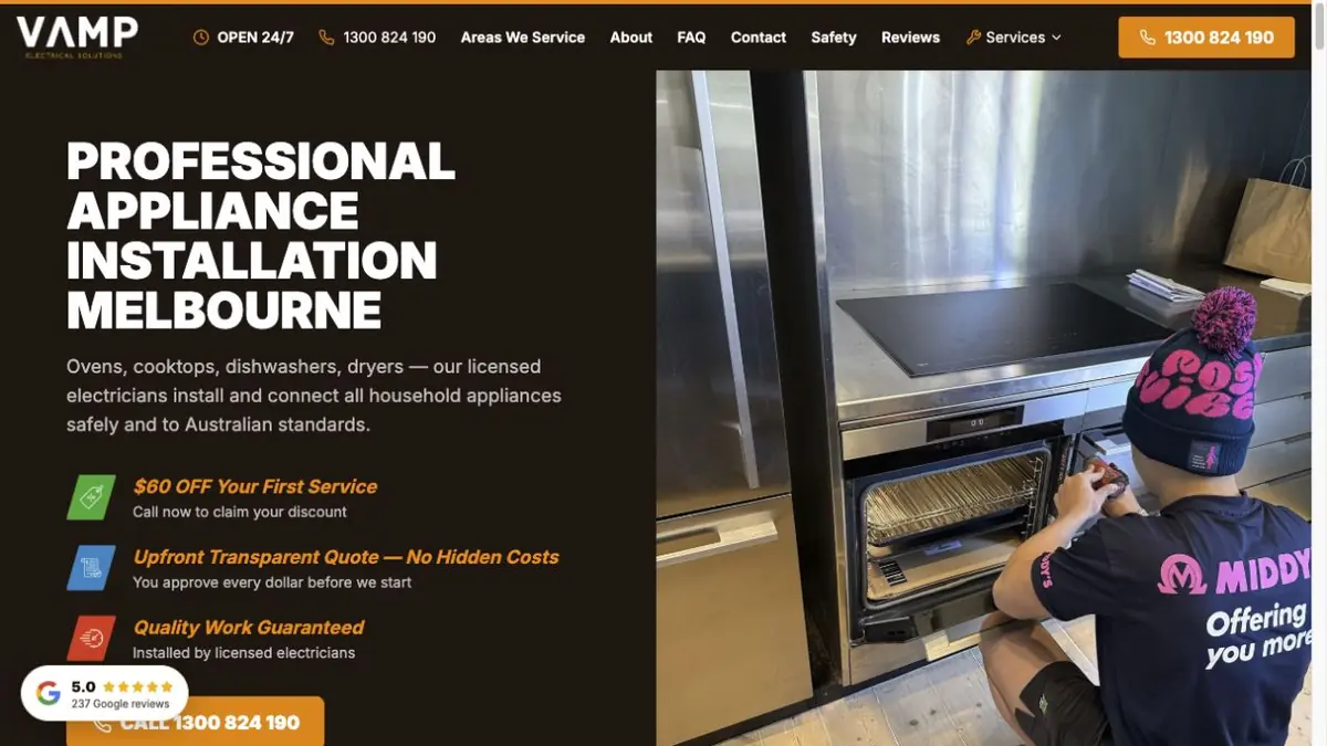 VAMP Electrical appliance-installation page with kitchen working imagery