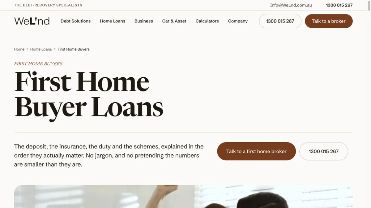 WELND first-home-buyer page with editorial heading and broker contact actions