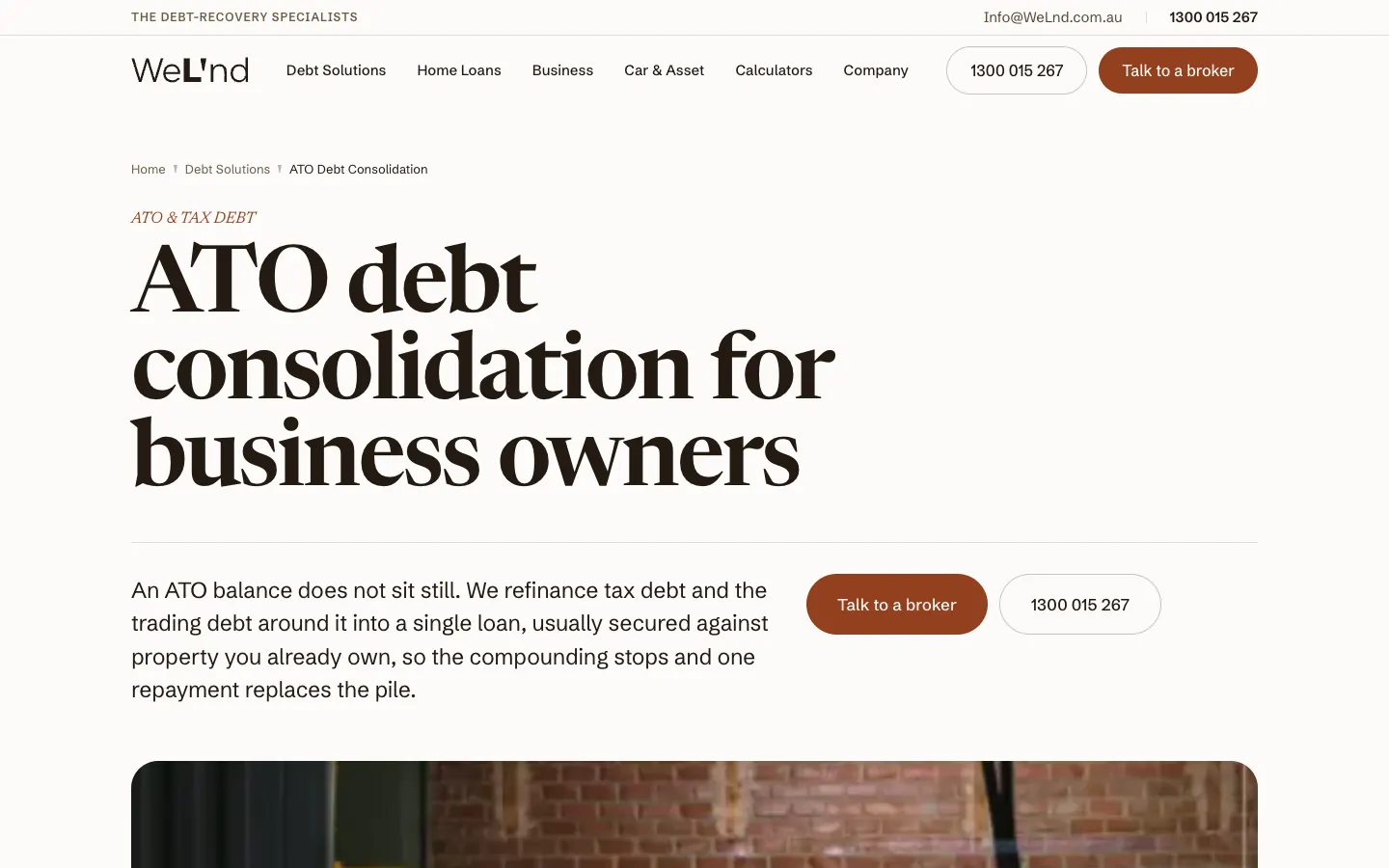 WELND ATO debt consolidation page with a large headline and broker and phone buttons