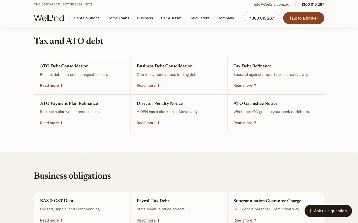 WELND debt solutions hub listing tax and ATO debt pages as cards
