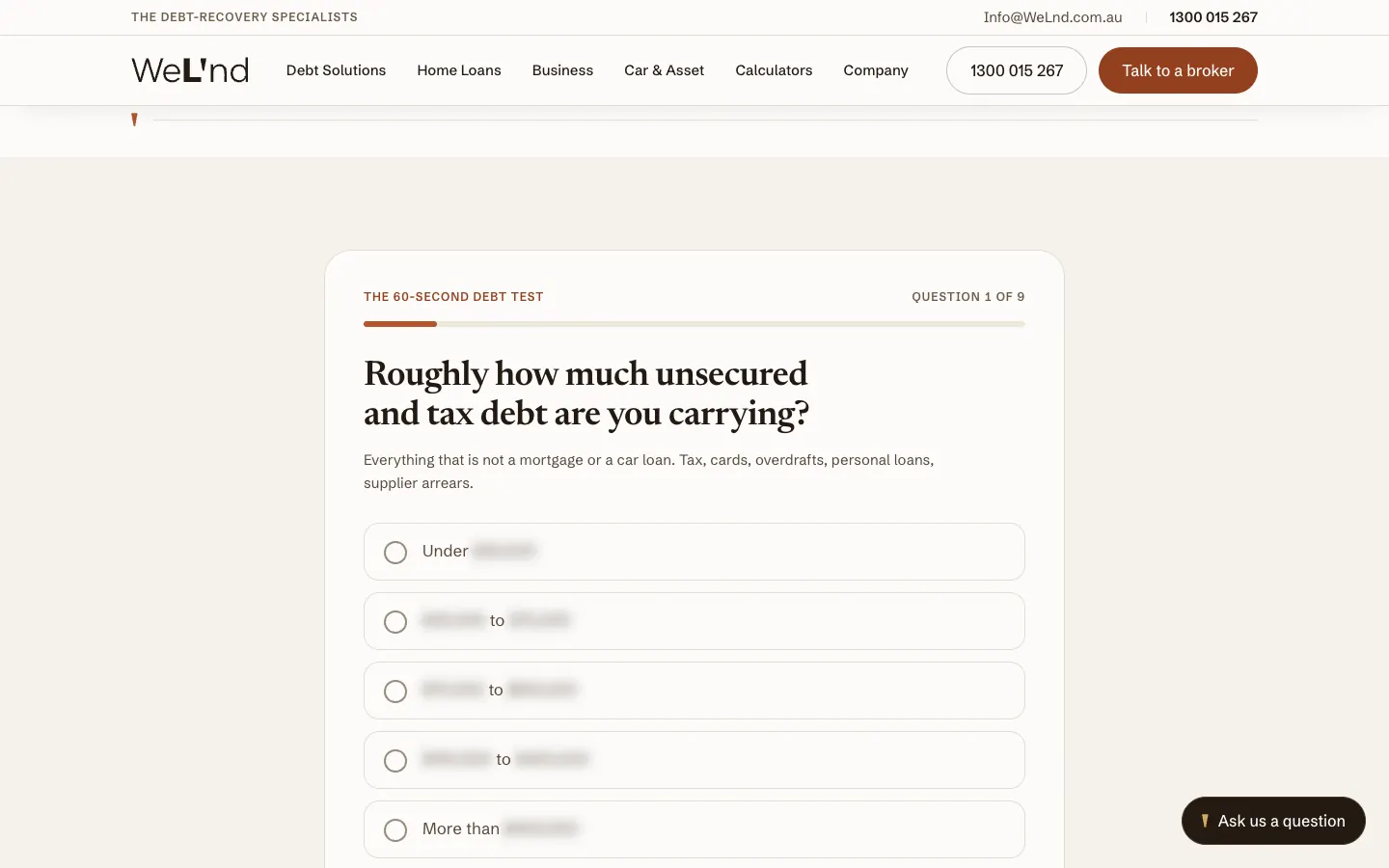 WELND 60-second debt test on its first question, with the answer amounts blurred