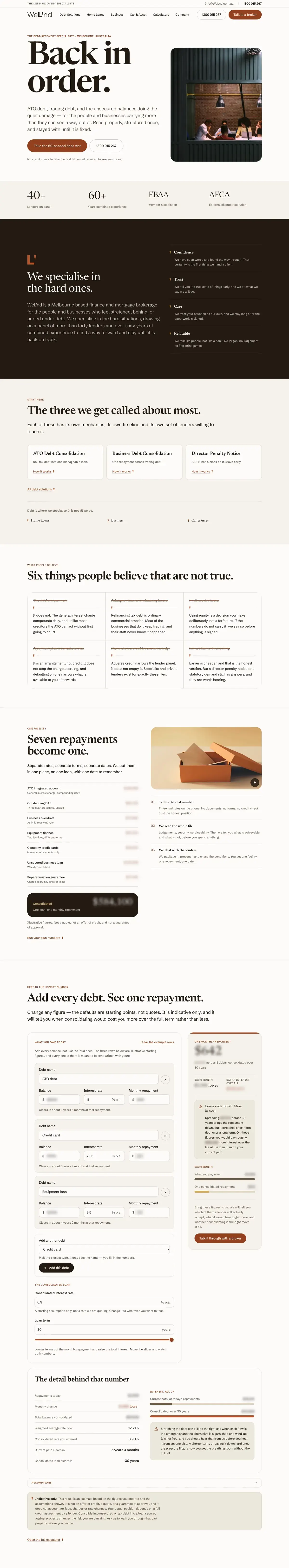The WELND home page, from the headline to the debt calculator, with figures blurred