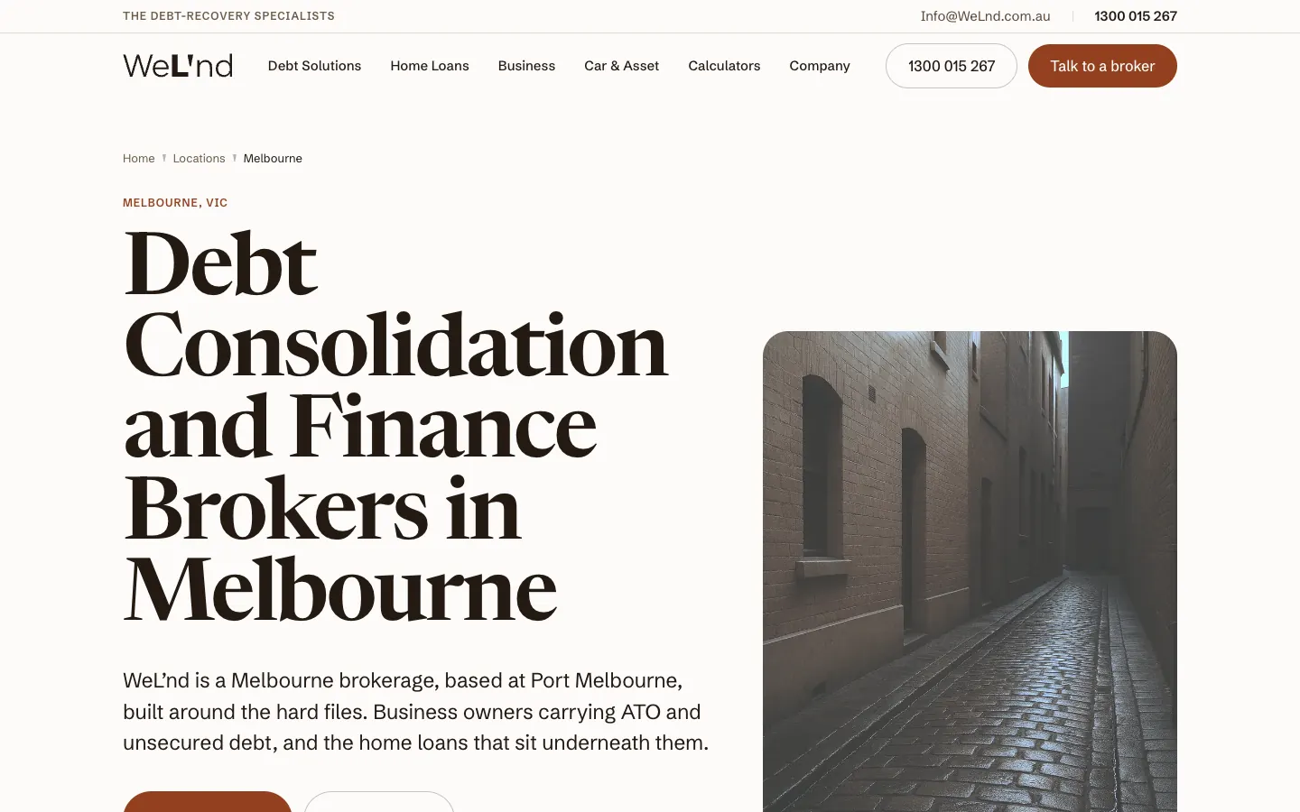 WELND Melbourne location page with a large serif headline and a laneway photo