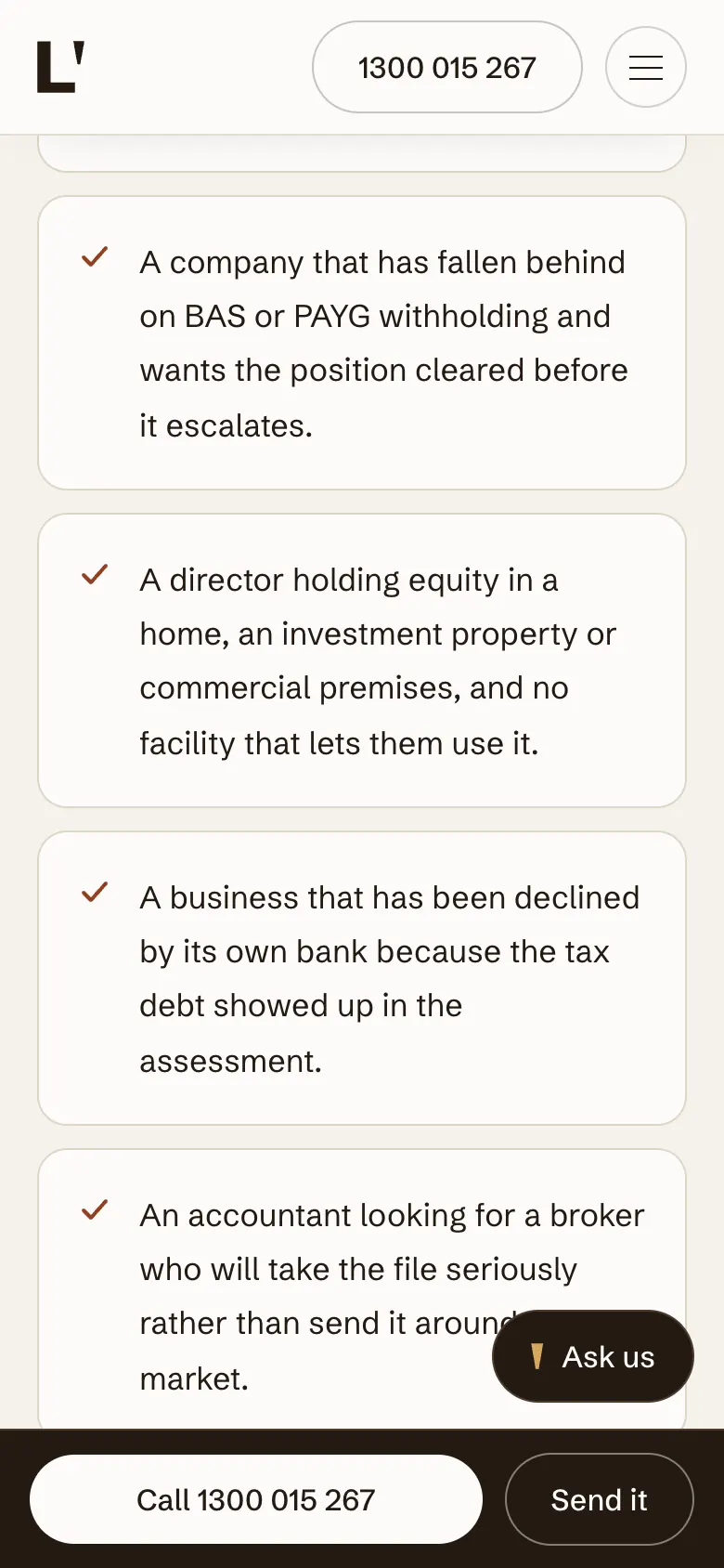 WELND ATO debt page on a phone with a Call and Send it bar fixed to the bottom