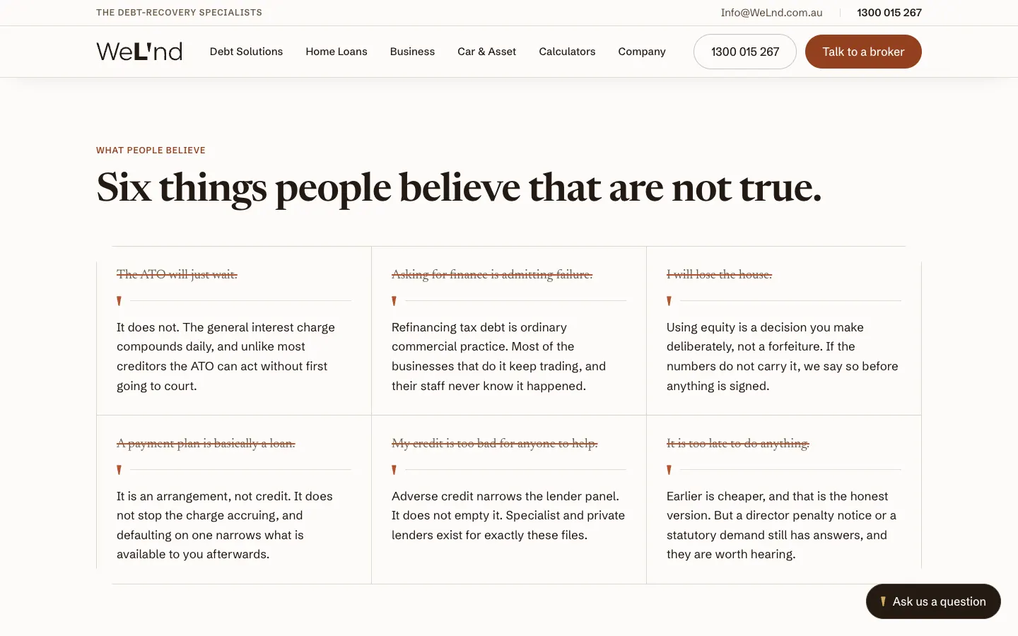 WELND home page section listing six beliefs about debt, each crossed out and answered