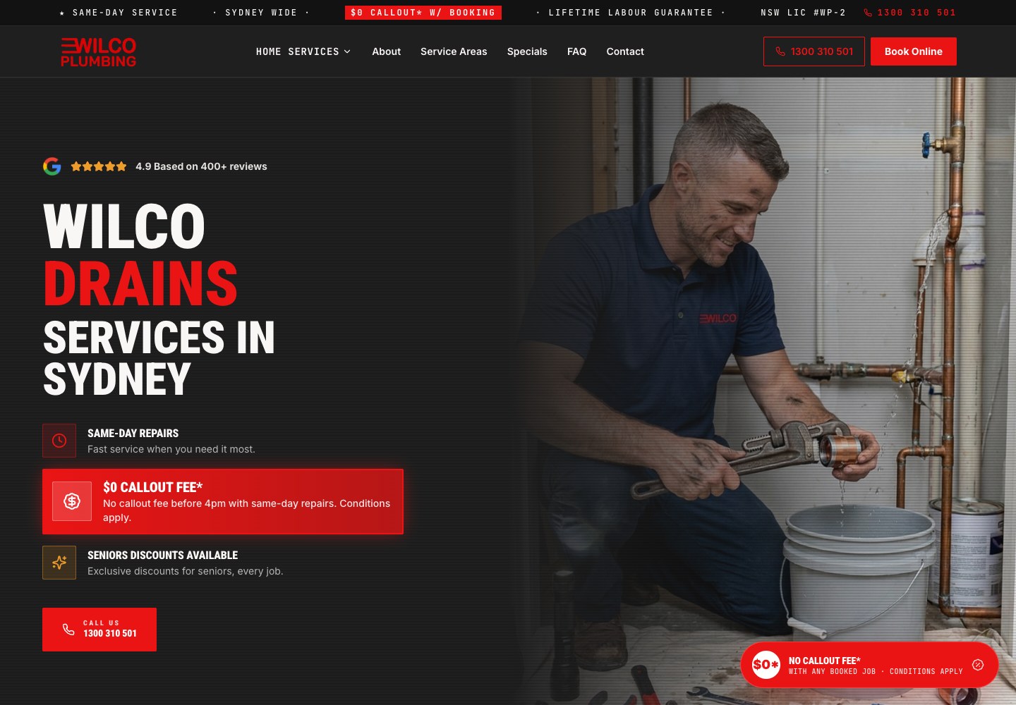 Wilco Plumbing website desktop homepage designed by SoudCoh