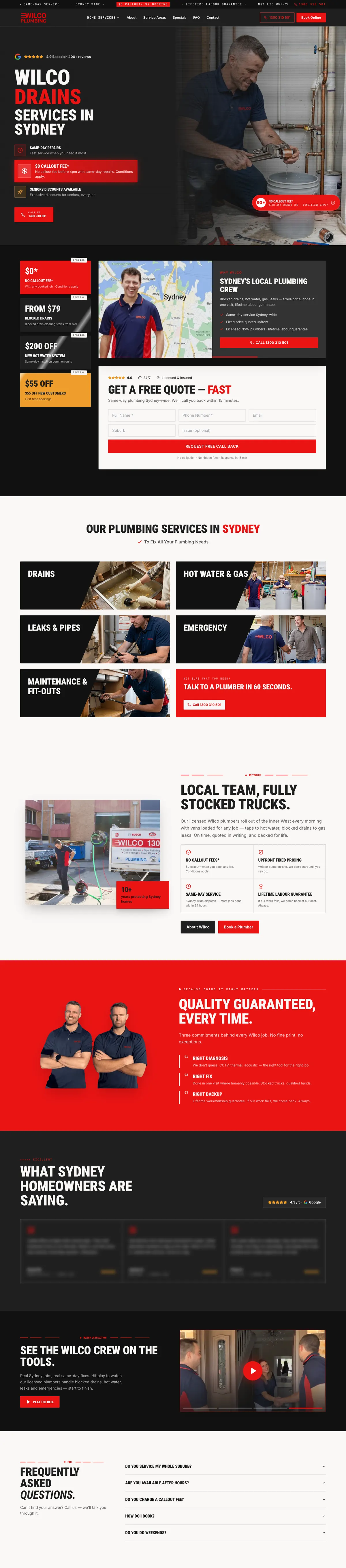 The Wilco Plumbing home page from the headline to the common questions
