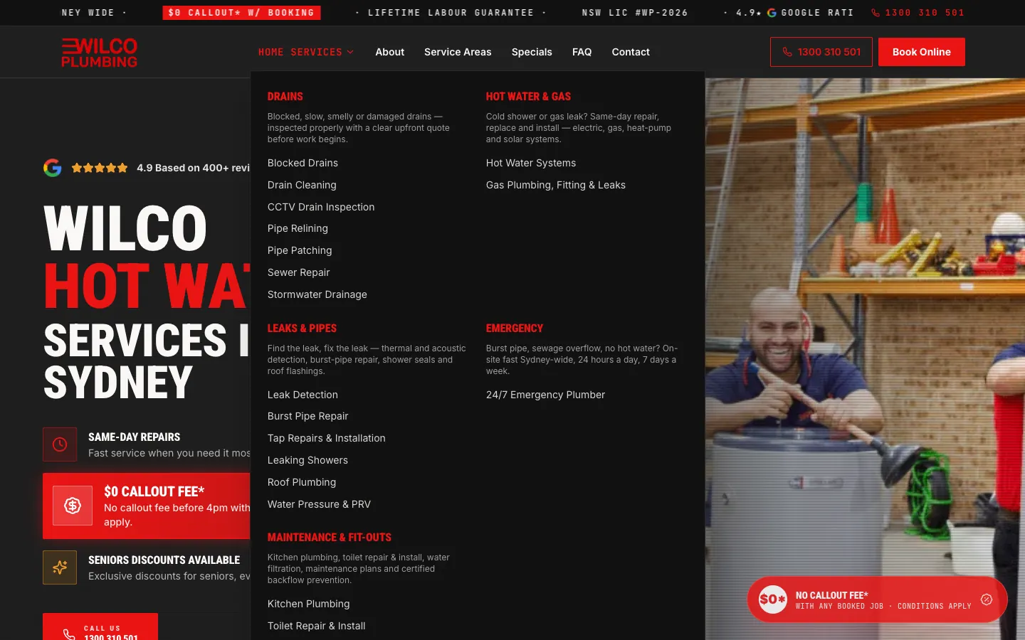 Wilco Home Services menu with five categories and their services