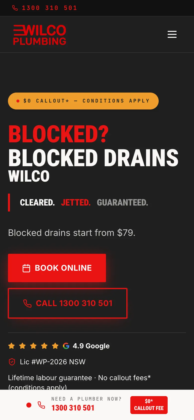 Wilco blocked drains page on a phone with Book online, Call and the fixed call bar