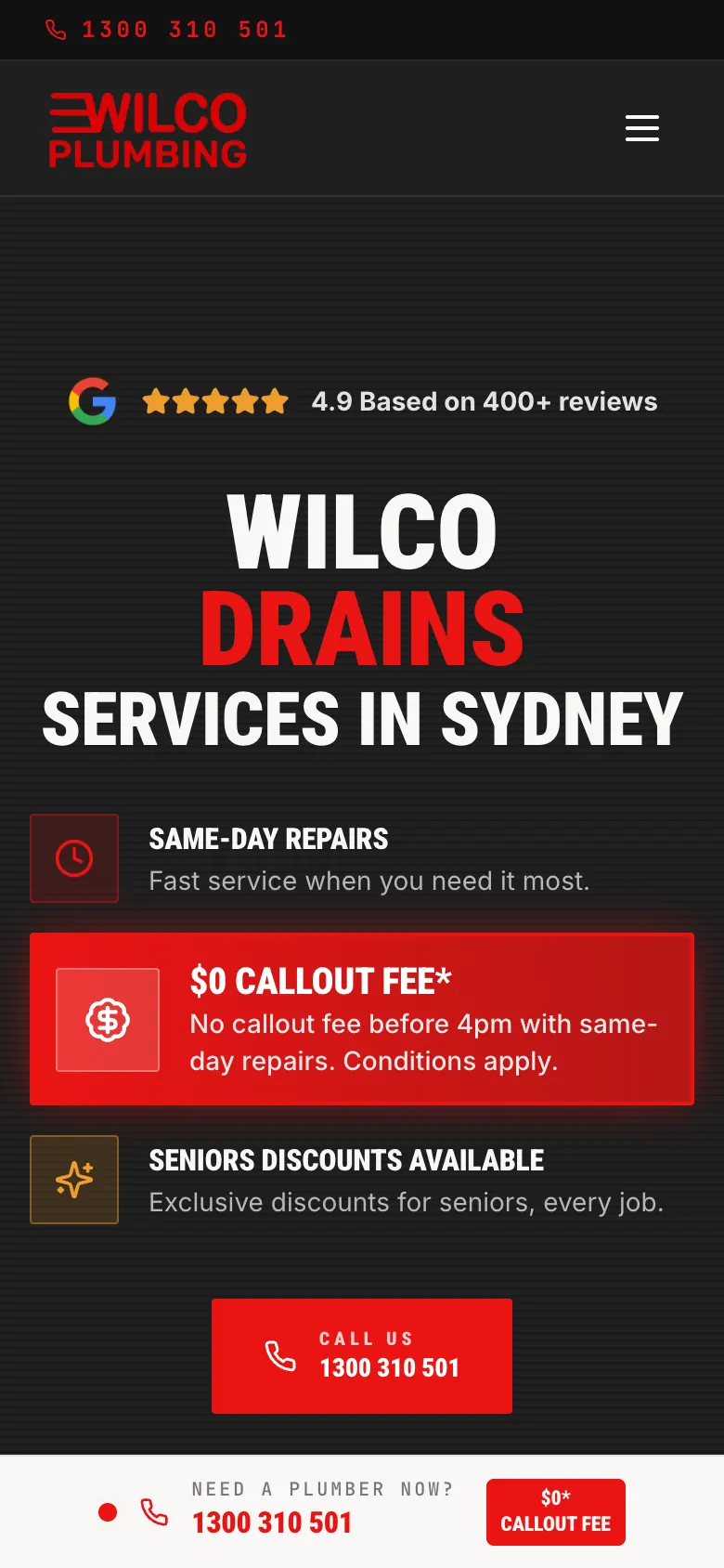 Wilco Plumbing home page on a phone with a call bar fixed to the bottom