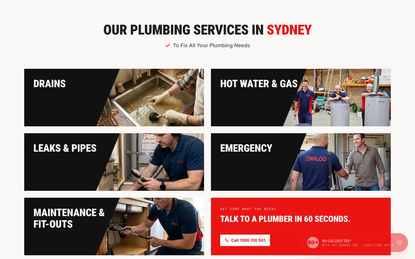 The five service categories as photo tiles on the Wilco home page