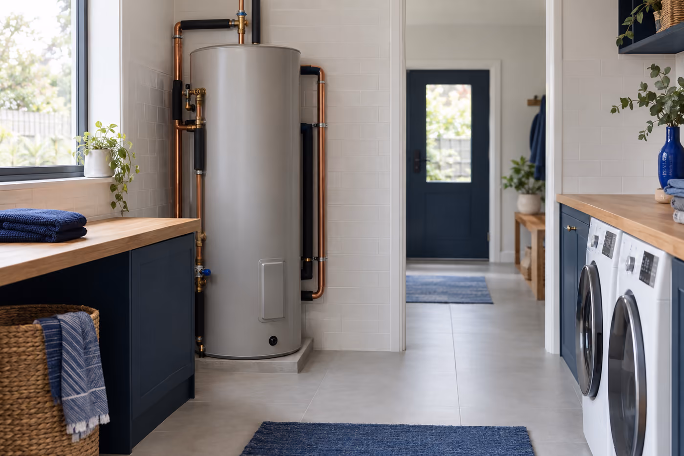 A newly installed hot water system in a clean laundry, with copper pipes neatly run and lagged