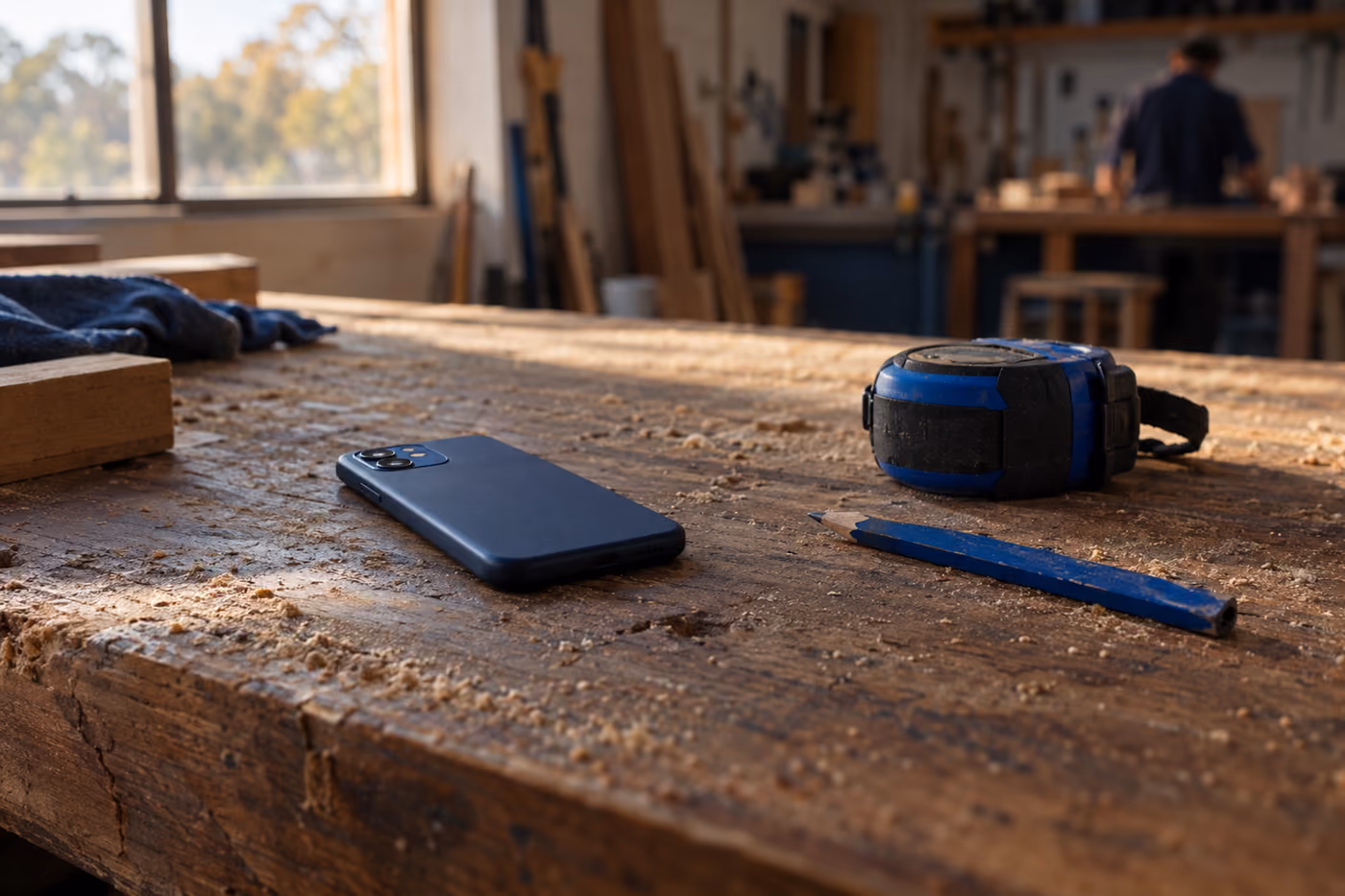 A mobile phone lying screen-down on a timber workbench beside a pair of work gloves and a carpenter's pencil