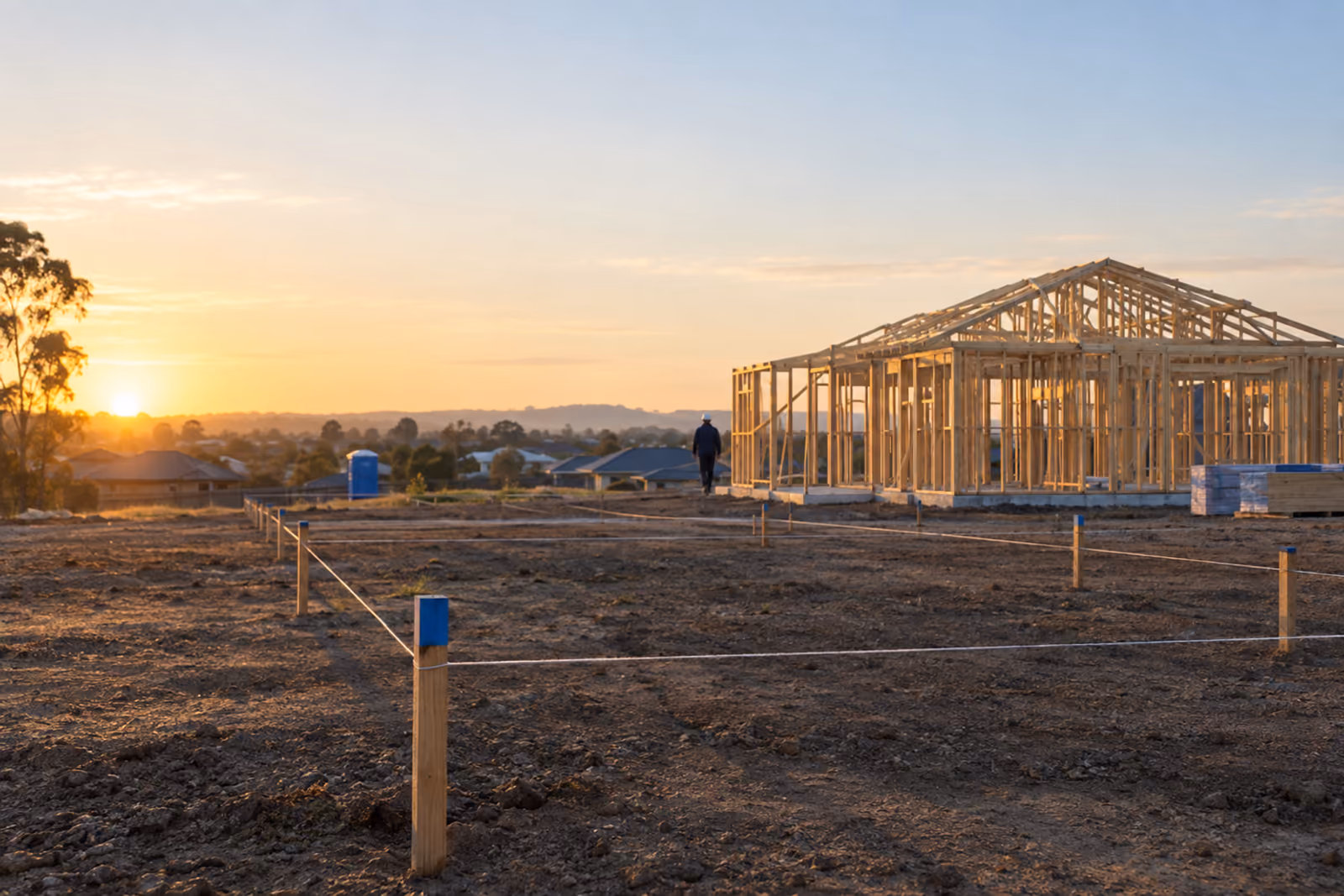 String lines and timber pegs set out across a cleared suburban building block at sunrise, a new house frame behind them