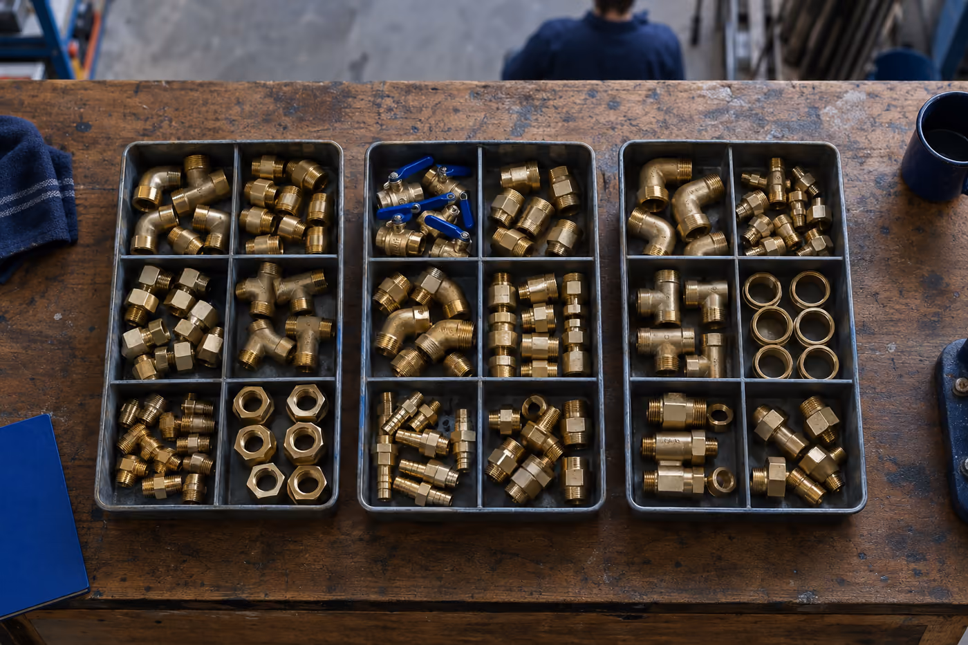 Brass plumbing fittings sorted into the compartments of shallow trays on a timber workbench, seen from above