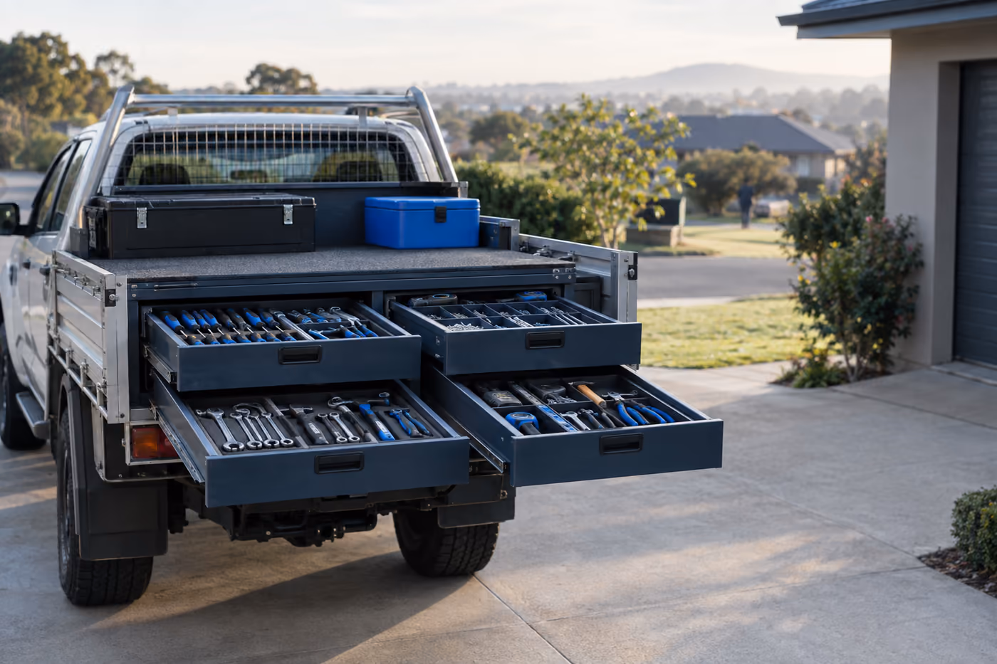 The open tray of a trade ute fitted with neat pull-out drawers, each holding its own set of tools, in morning light