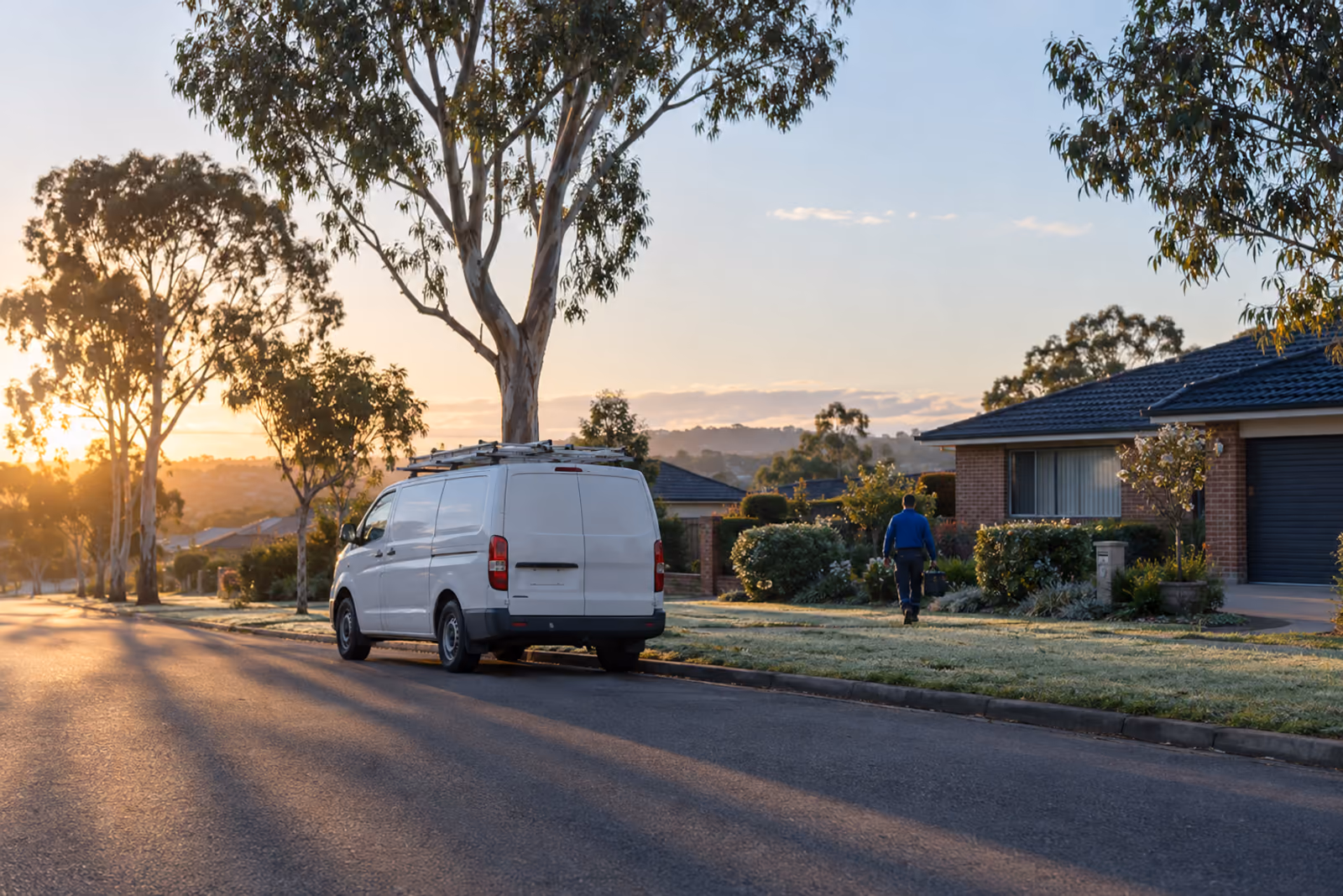 A quiet suburban Australian street at first light, with a tradesperson's van parked at the kerb outside a brick home
