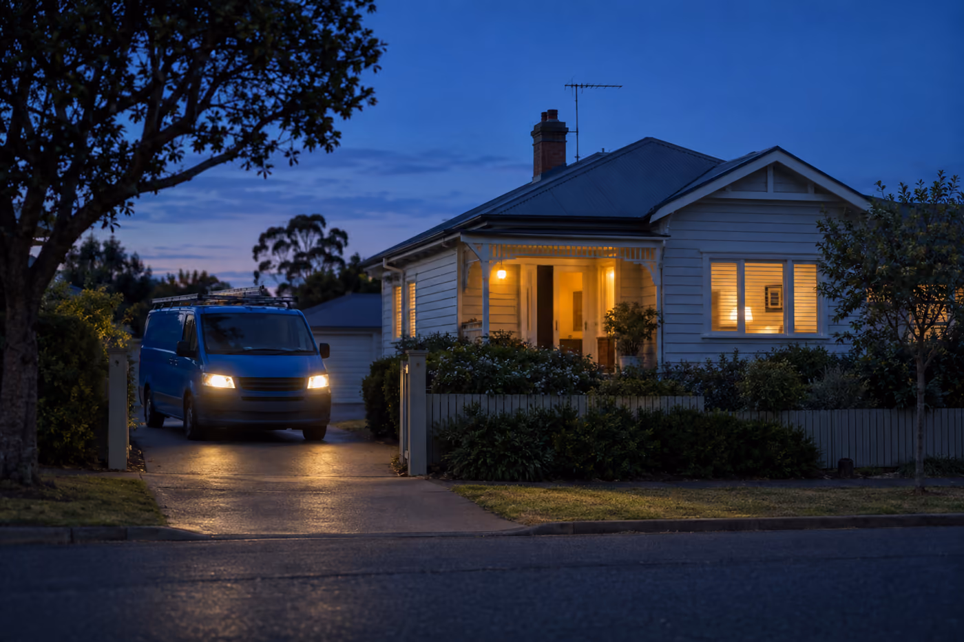 A suburban Australian house at dusk with warm light in the windows and a tradesperson's van pulling into the driveway