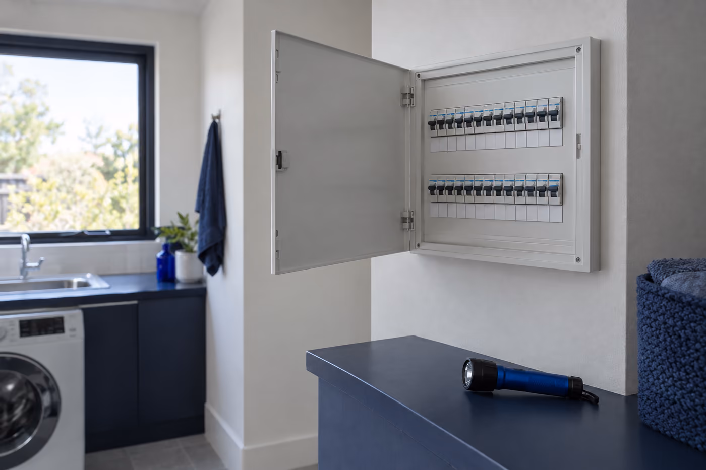 An open residential switchboard with neatly arranged circuit breakers and blank labels, lit by soft daylight in a laundry