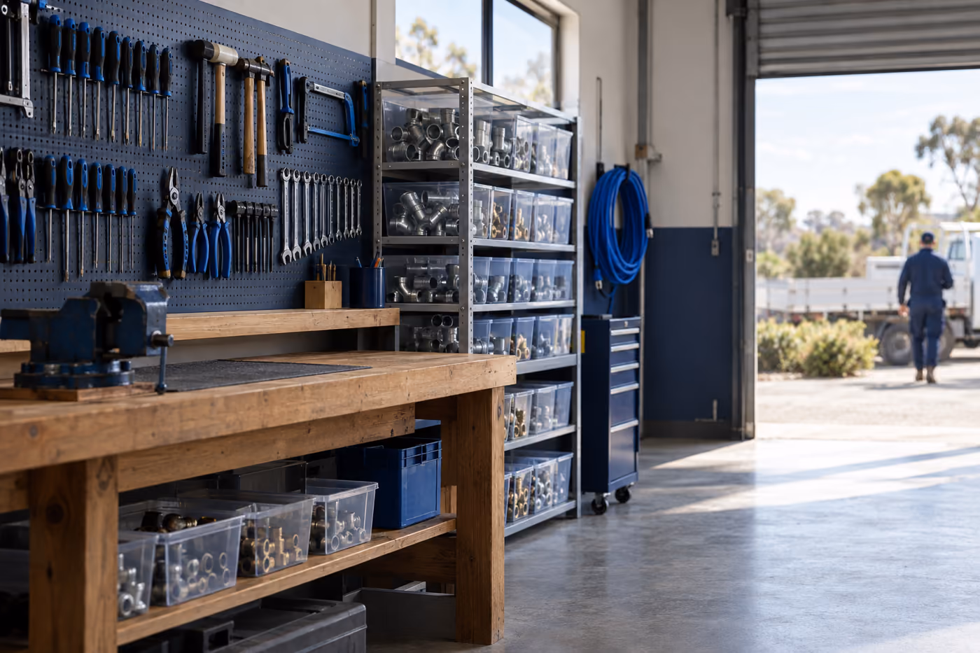 A tidy workshop bench with hand tools hung in ordered rows on a pegboard, morning light through an open roller door
